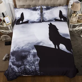 

EHOMEBUY Modern Bedding Sets Moon Night Wolf Howling Bed Set 3D Bedding Set King Size Printed Home Hotel Bedroom Soft