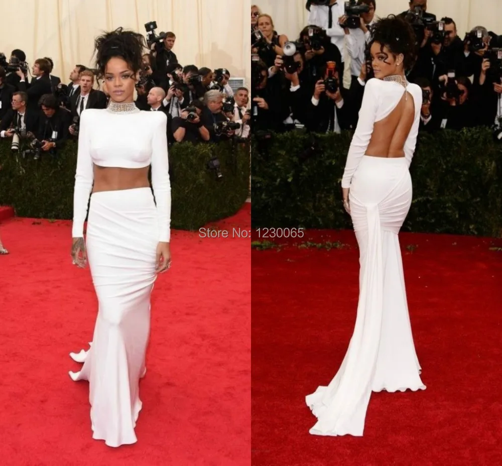 

2015 Rihanna Celebrity Dresses White Sexy Two-Piece Long Mermaid High Collar Crystals Backless Red Carpet Evening Gowns
