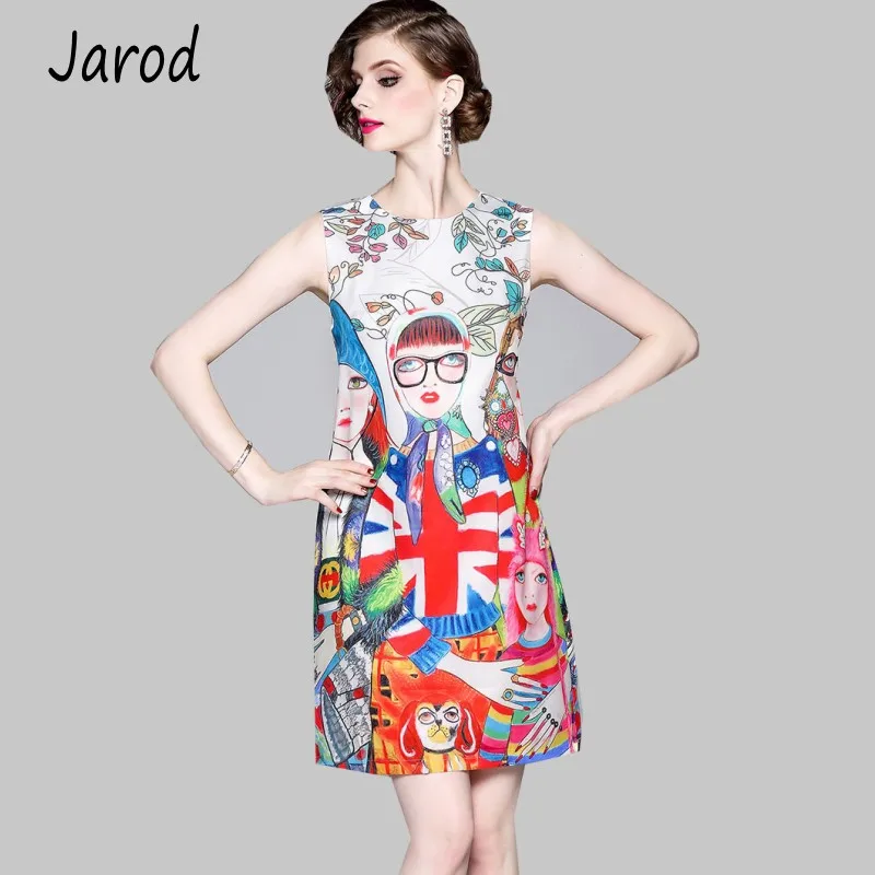 

Summer Runway Designer Dress Women's Sleeveless Retro Character Printing Elegant Casual A-Line Tank Dress Cartoon Short Dress