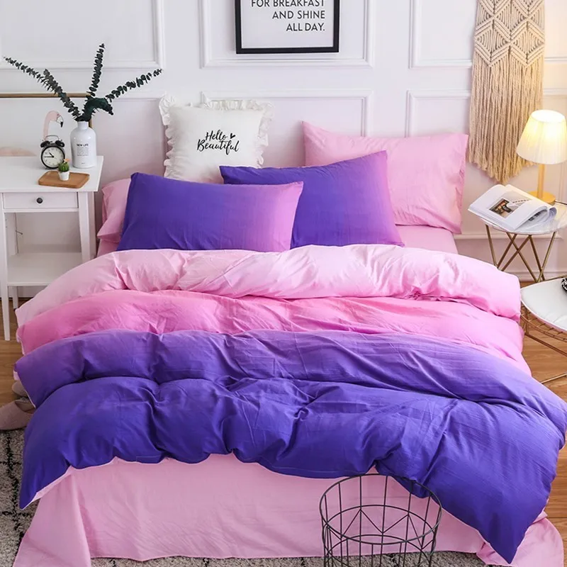 الانقلاب المنسوجات المنزلية الفتيات التين طقم سرير الأرجواني الوردي الصلبة بسيطة الإناث الكبار الكتان غطاء لحاف المخدة غطاء سرير مزدوج