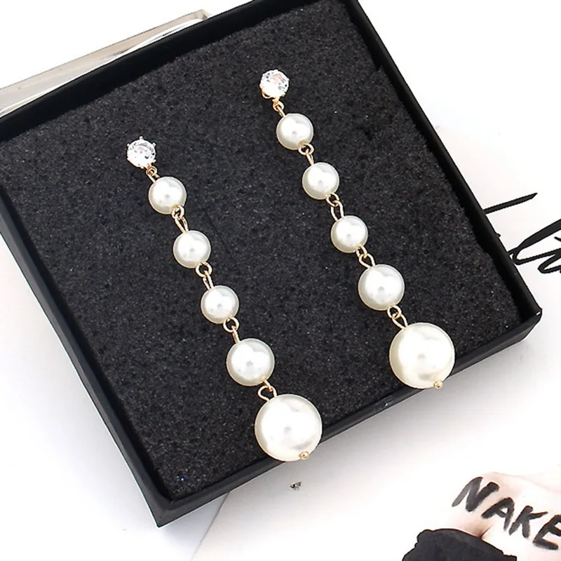

New Trendy Elegant Tassel Big Simulated Pearl Long Earrings Pearls String Statement Crystal Dangle Earrings For Wedding