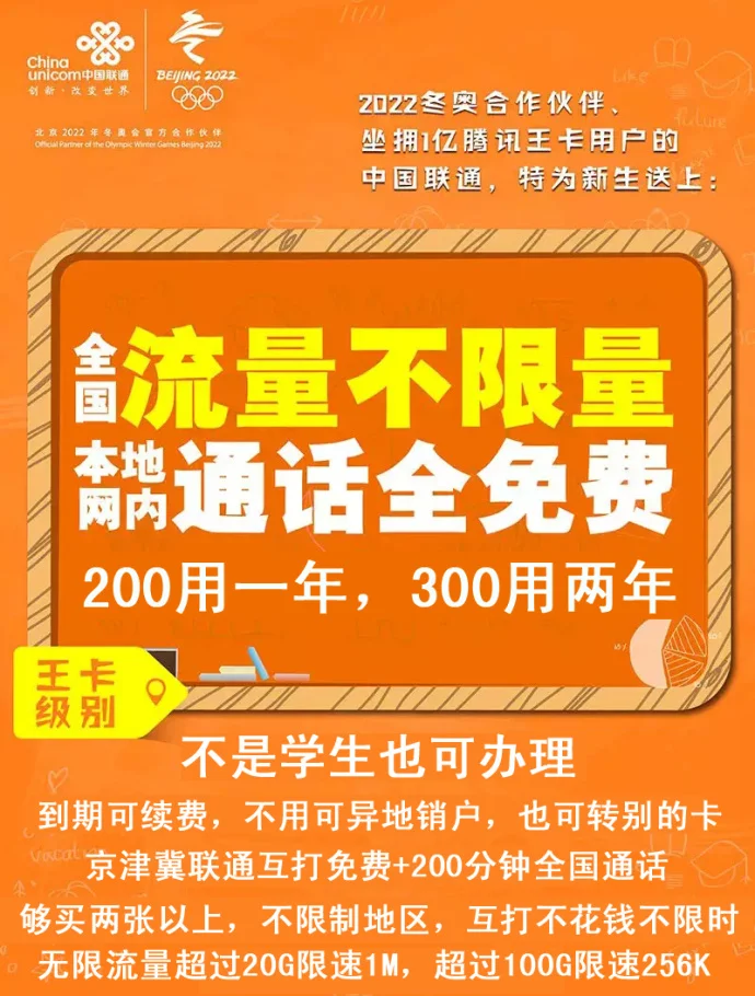『全国可办』北京联通校园卡全国不限流量,300元可用2年!