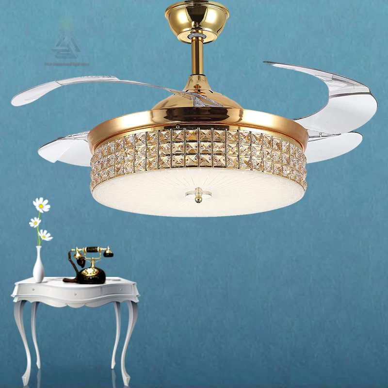 Modern Ceiling Fan Crystal Retractable Blades Remote Control With