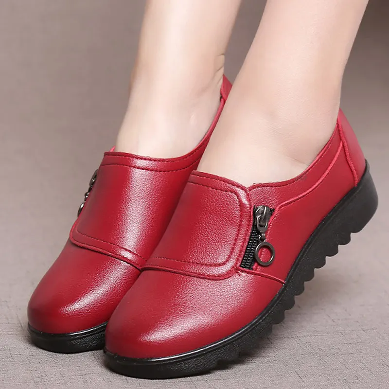 Лоферы, обувь на плоской подошве Суперстар обувь однотонная обувь с круглым носком женская обувь на молнии, нескользящая женская обувь большой размер 35-41, sapatos - Цвет: Red
