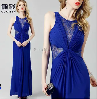 

2014 New Elegant Long Evening Dress Blue Chiffon Crew Sleeveless Lace Formal A line Sexy Party Long Evening
