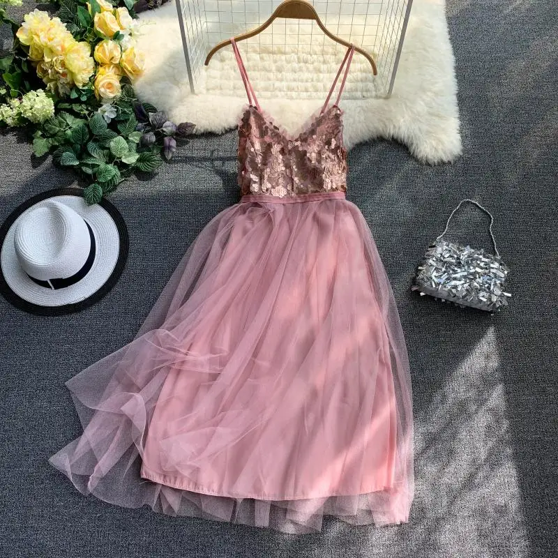 

2019 summer new women's V-neck Sequins Stitching Mesh Backless Sleeveless sling A-line Dresses female strap elegant dresses