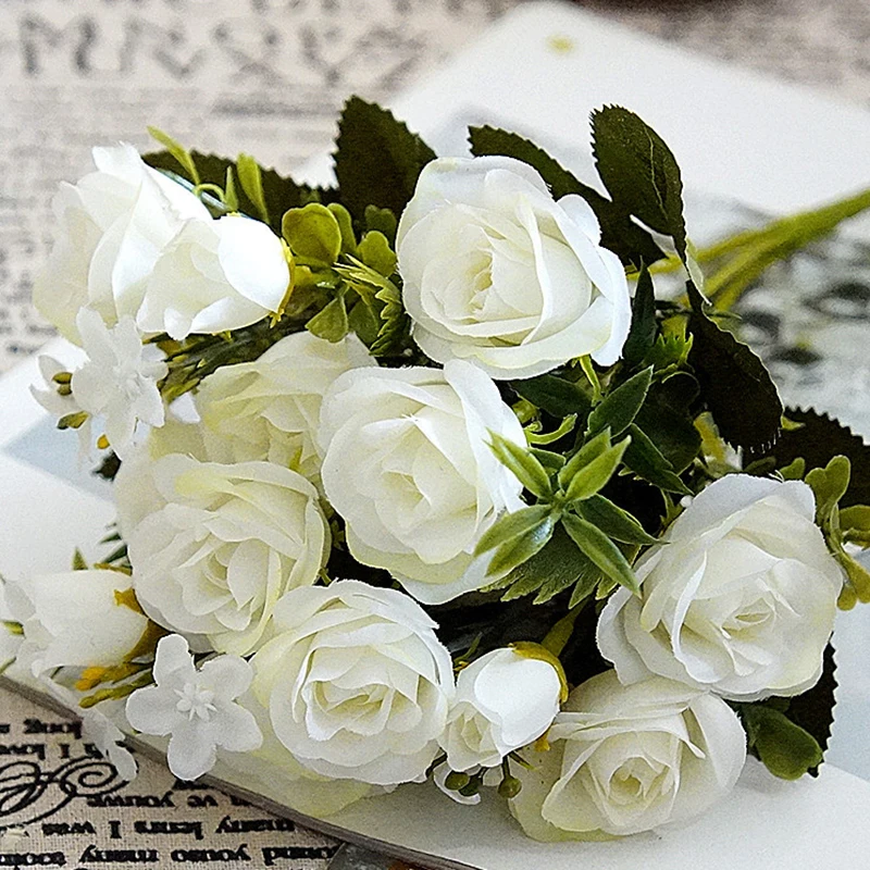 

13 Heads/Bouquet Wedding Artificial Flowers Small Bud Silk Roses Simulation Flowers Green Leaves Home Vases Autumn Decor
