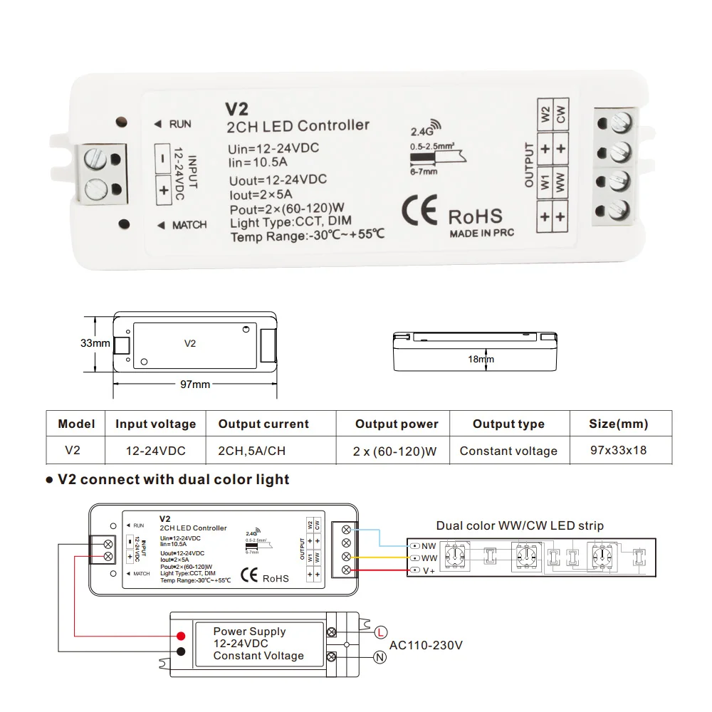 WW CW Светодиодный контроллер 12V 24V 10A 2CH 2,4 г Одиночная Цвет CCT светильник полосы светодиодный диммер контроллер RF Беспроводной пульт дистанционного управления с держателем V2