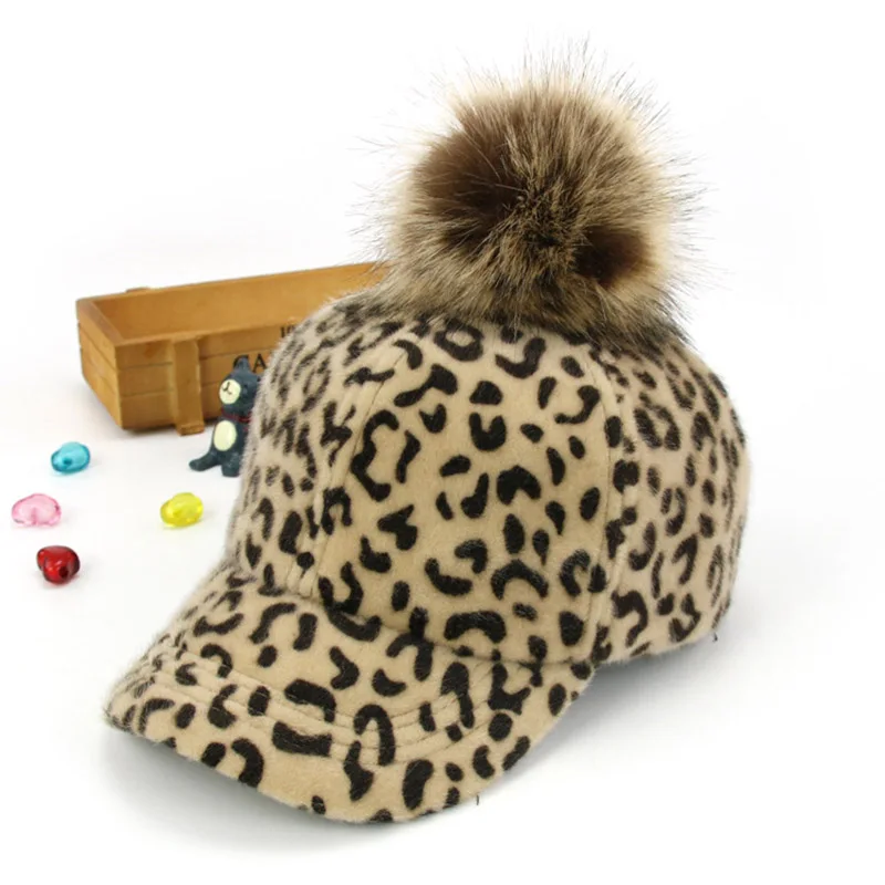 Hot Women Cap With Leopard Print Pompom Baseball Cap Flat Warm Ladies