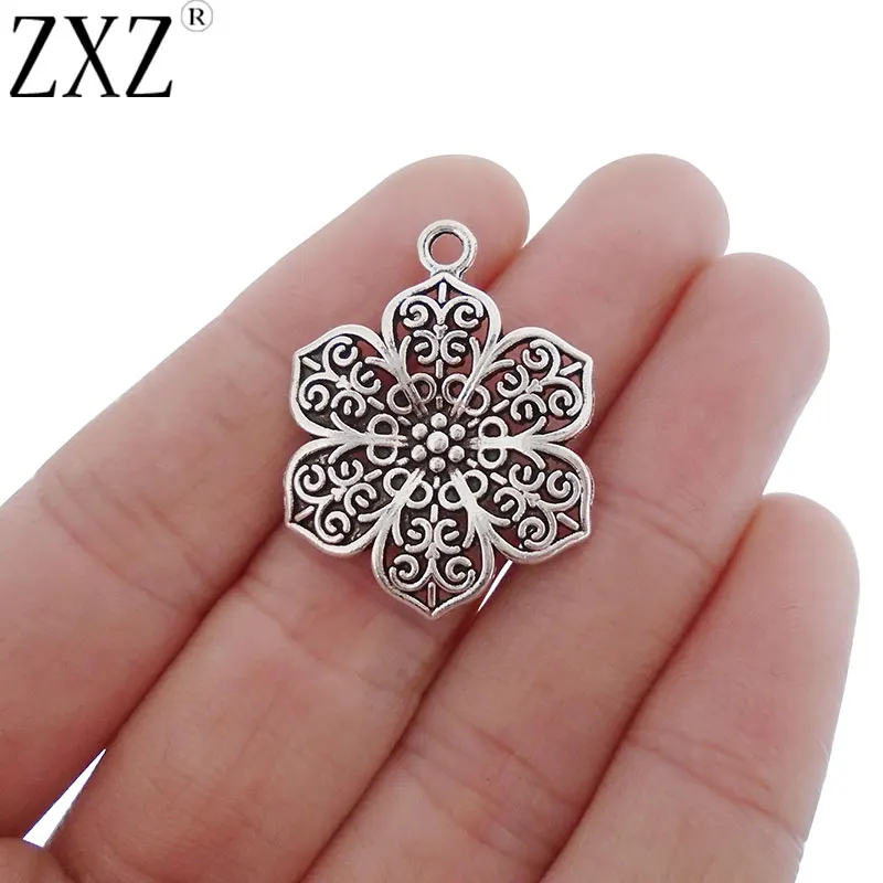 

ZXZ 10pcs Antique Silver Tone Filigree Flower Charms Pendants for Necklace Bracelet Jewelry Making Findings 31x24mm
