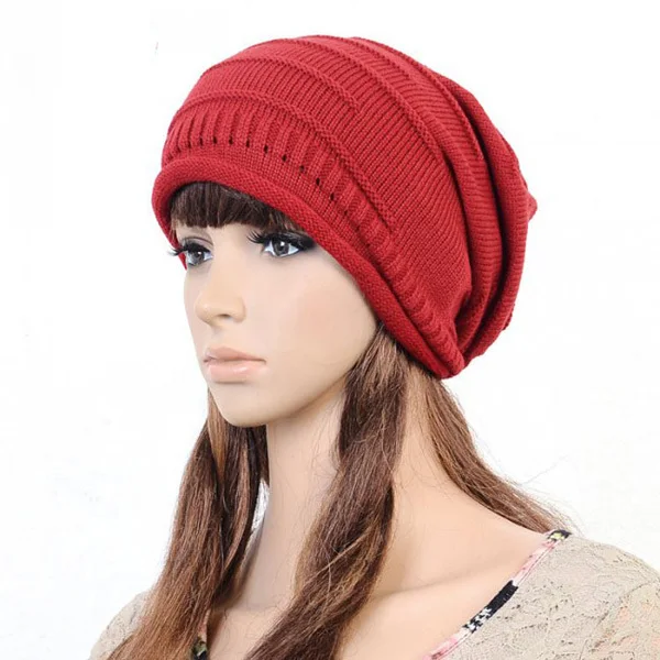 Осенне-зимняя шапка унисекс теплая шерстяная вязаная модная шапка для женщин Skullies Slouch Baggy Beanie - Цвет: red