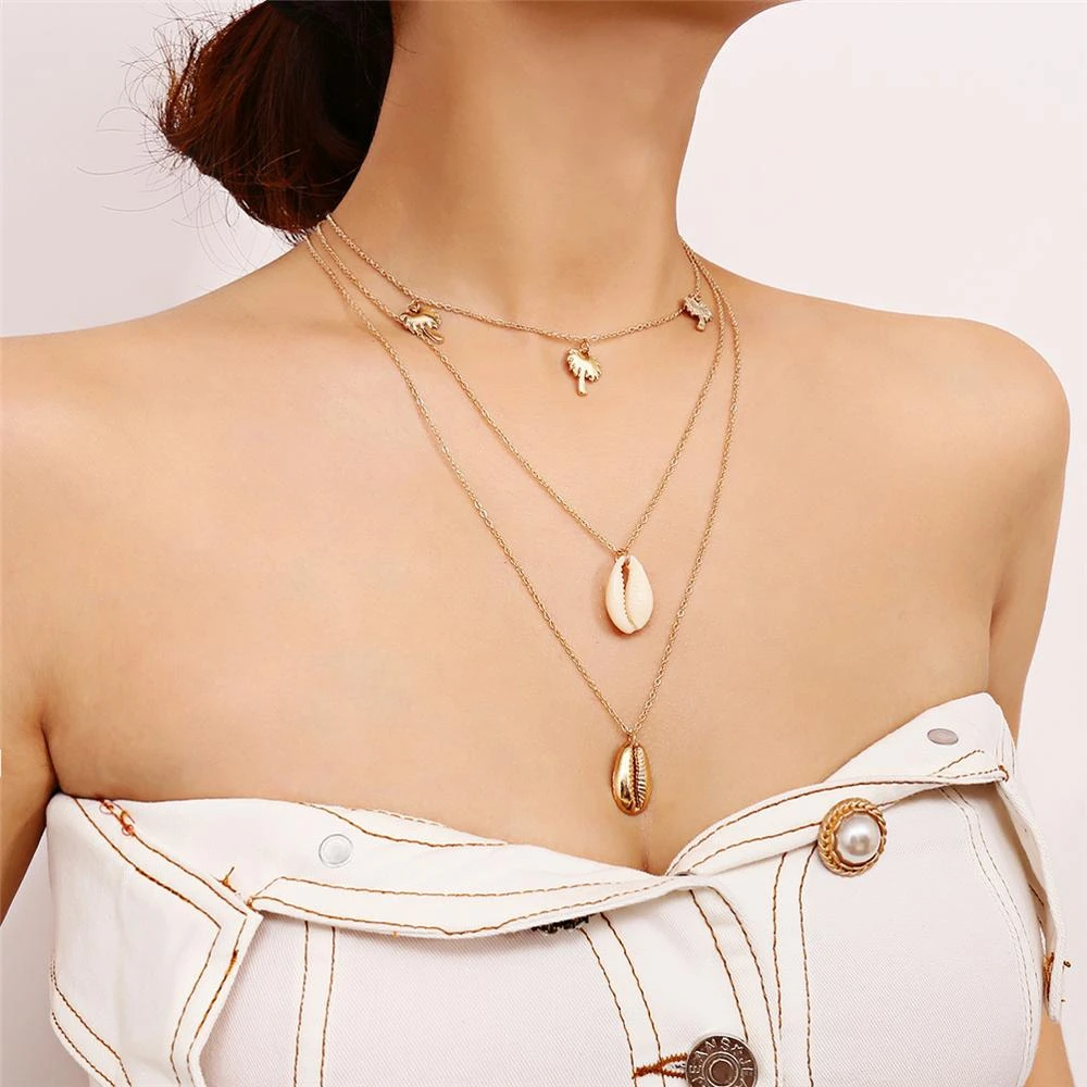Fashion Women Bohemian Necklace Coconut Sea Shell Pendant Necklace 