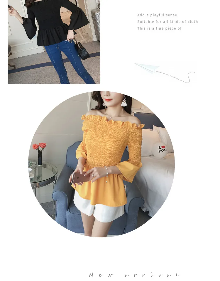 Летние Короткие топы Горячая Милая Япония Корейская одежда женщины с расклешенным рукавом, гофрированным Блузка Желтый Черный Шифоновый с открытми плечами Пеплум Топ
