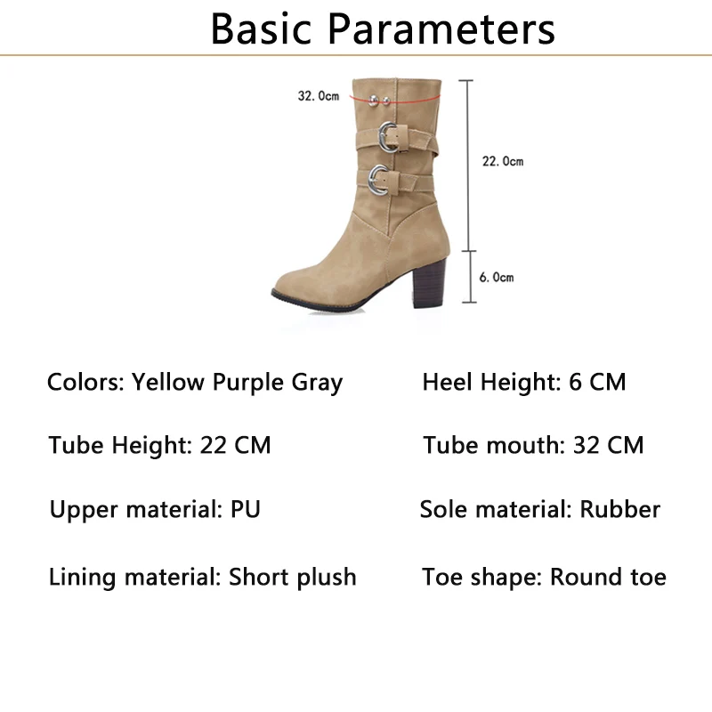 Rimocy Purple Warm Short Plush Mid Calf Boots Women Vintage Buckle Chunky Heels Pu Botas Mujer Plus Size Slip-on Shoes Woman