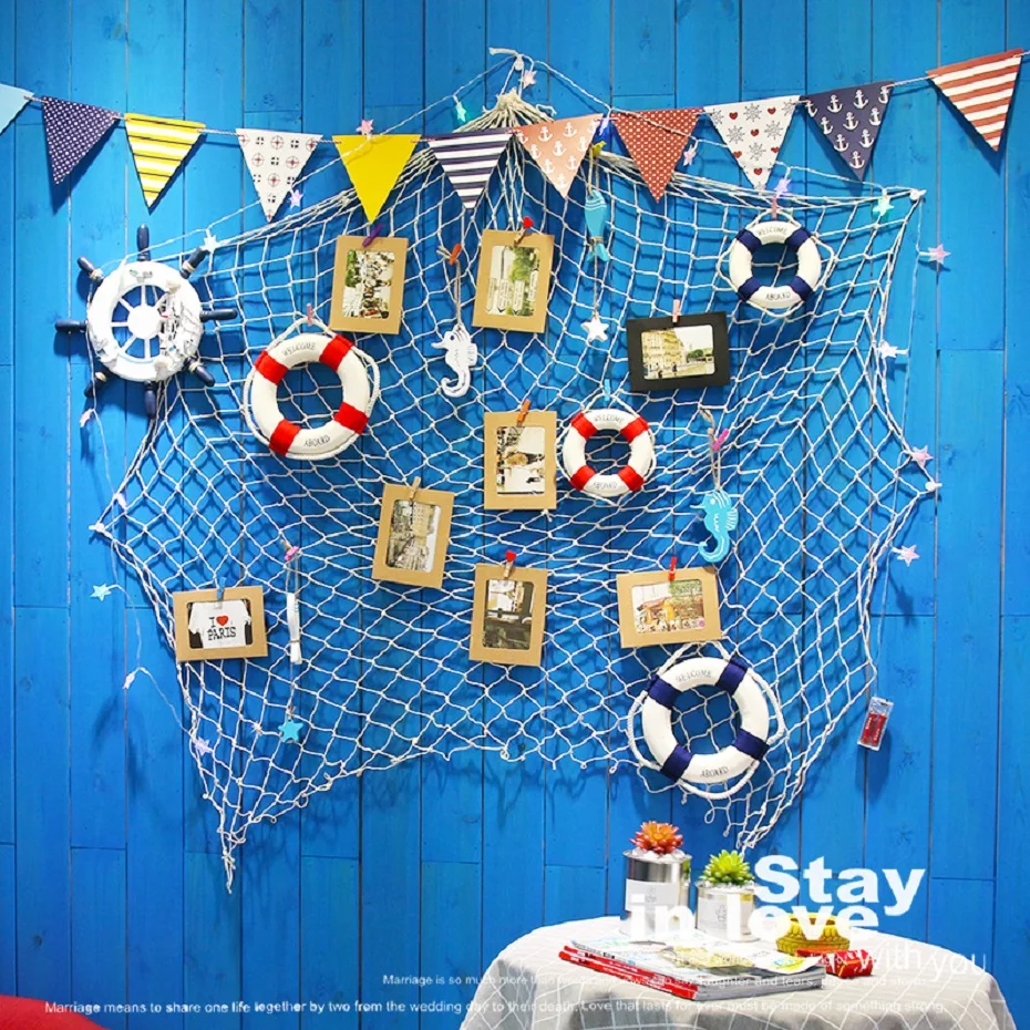 Large Blue Beige Mediterranean Marine Style Fishnet Photo Frame Wall Art Set Kids Picture Frame Living Room Home Soft Decoration (21)