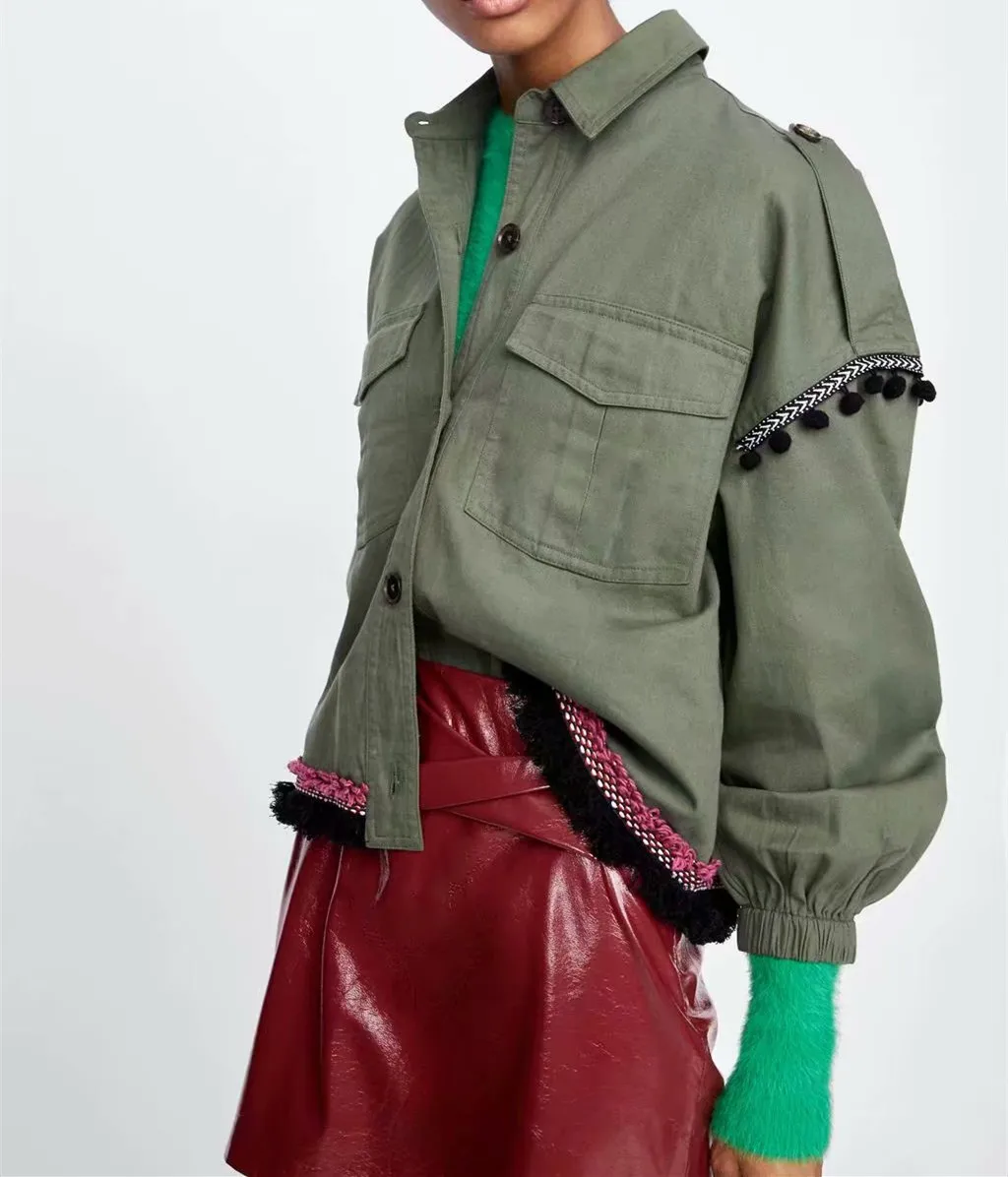 

Autumn Winter Amy Green Back Geometry Embroidery Tassel Jacket Epaulet Turn-down Collar Long Sleeve Single breasted Coat Outwear