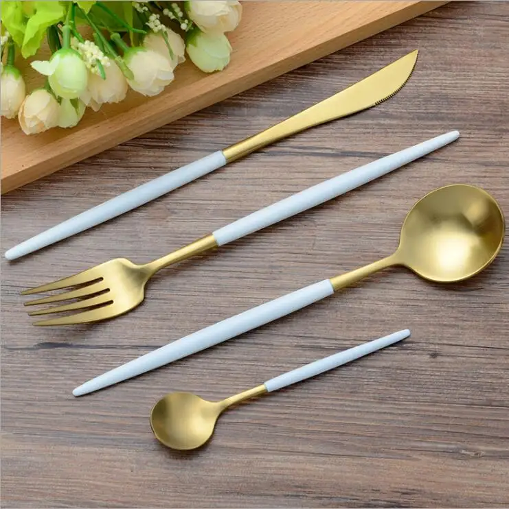 

18/10 Stainless Steel Dinnerware Set White Handle Fork Knife Scoops Cutlery Set Home Tableware Set 4pcs/set