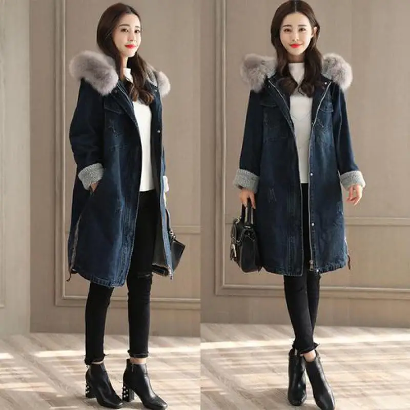 Harajuku Women Denim Parka Feminino 2018 New Winter Warm Wool Liner Winter Jacket Ladies Meidum Long Hooded Faux Fur Collar Coat Harajuku Women Denim Parka Feminino 2018 New Winter Warm Wool Liner Winter Jacket Ladies Meidum Long Hooded Faux Fur Collar Coat
