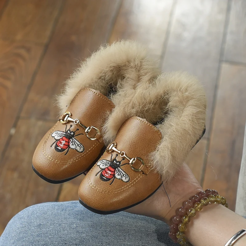 Baby Girls Fashion Fur Shoes Toddlers Brand Warm Loafer Princess Black Leather Flat Shoes