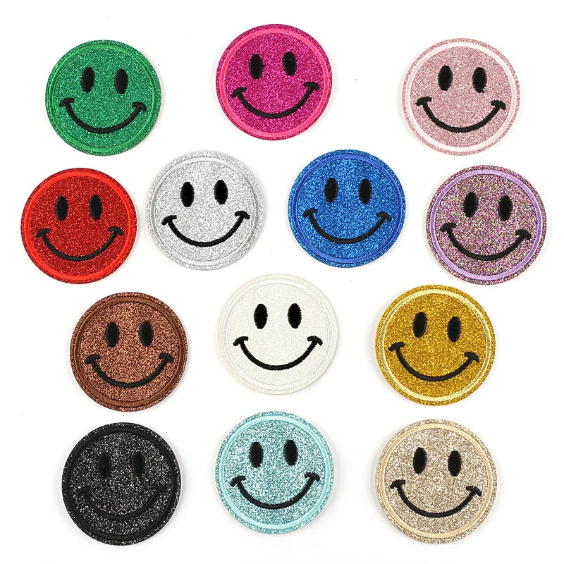 

Smile Emoji Embroidered Patches For Clothes Shiny Fabric Iron on Transfer 3D Applique Clothes Jacket Bags DIY Cute Badges Kawaii