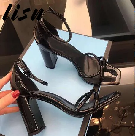 

LISN New Genuine Leather Cross Band Summer Sandals Open Toe Silver Black Thick Heel HIgh Heel Sandals Shoes Women Ladies Sandals