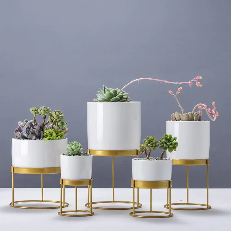 Скандинавские креативные золотистые железные художественные круглый, белый, керамический цветочный горшок для суккулентов, горшки для офиса, гостиной, рабочего стола, декоративный бонсай