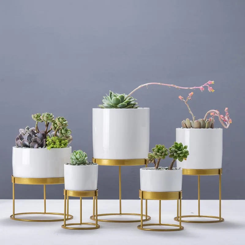 

Nordic Creative Gold Iron Art Round White Ceramic Flower Pot Succulents Plant Pots Office Living Room Desktop Decoration Bonsai