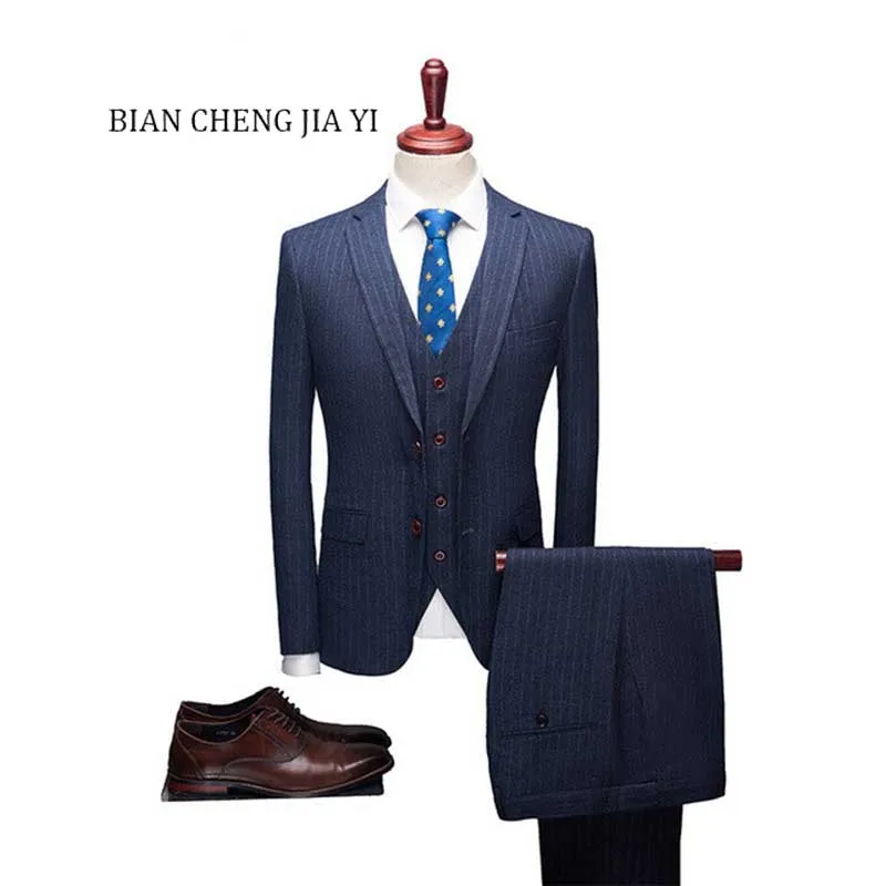 

Light navy Striped High quality Mens Wedding suits Formal Notched lapel Suits 3 Pieces Wedding Groom Tuxedos Prom Slim Fit suits