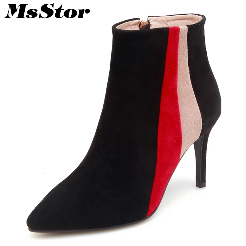 

MsStor Pointed Toe High Heel Boots Shoes Woman Fashion Zipper Ankle Boots Women Shoes Elegant Thin Heel Mixed Colors Boots Women