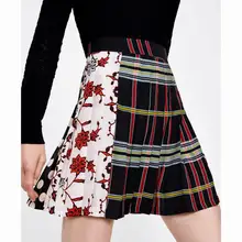Европейский Стиль Лето Новое поступление элегантная плиссированная юбка тонкая мини-юбка Лоскутная цветочная и клетчатая ткань
