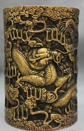 

JP S0608 Chinese Bronze Folk Zodiac Myth Fly Dragon Statue Brush Pot Barrel Pencil Vase B0403