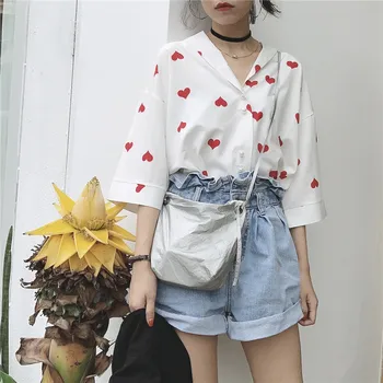 

Summer New Korean Retro Love Print Three Quarter Sleeve White Shirts Student Shirts Tops