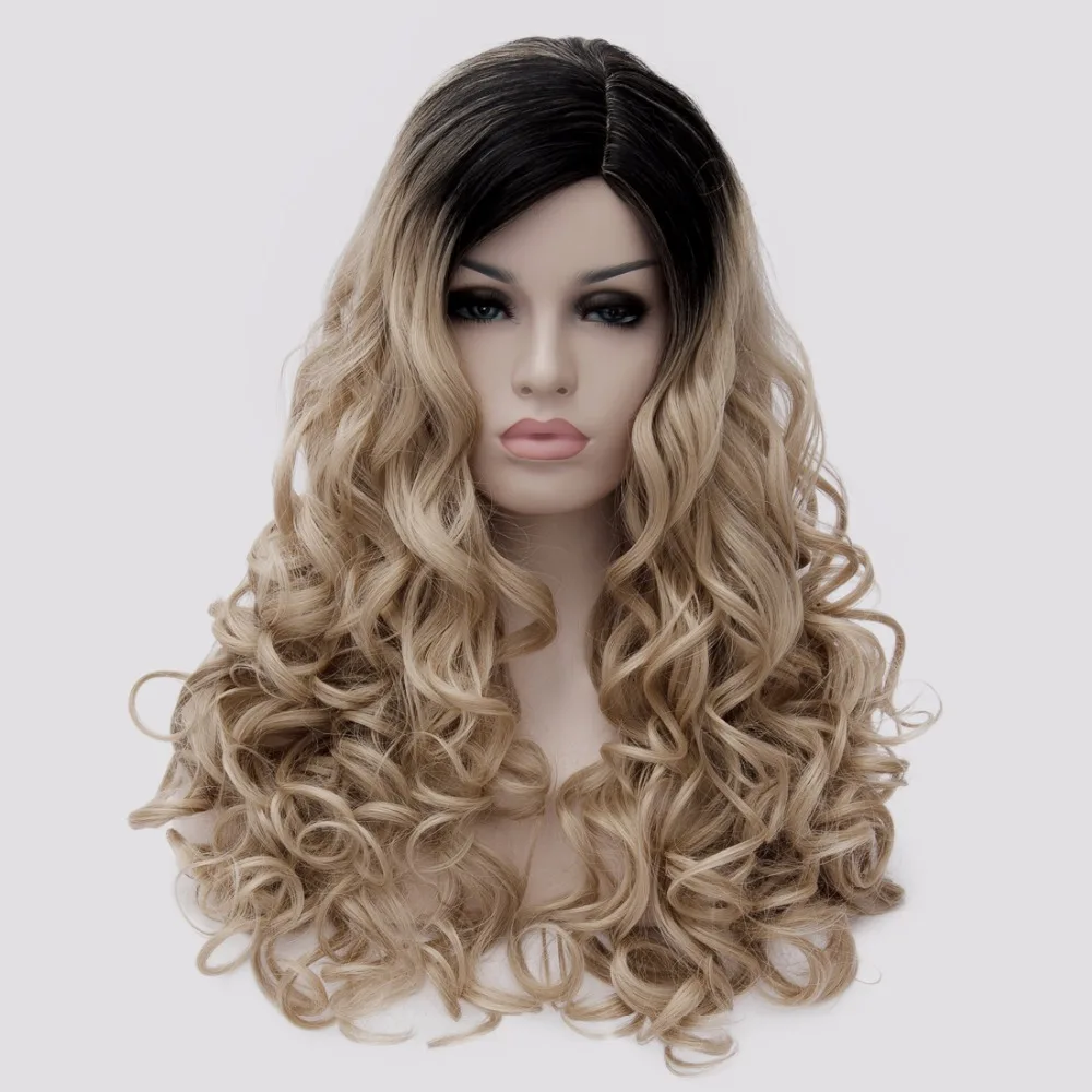 Long Brown Curly Wavy Wig Auburn Perruque Synthetic Women Pelucas Pelo