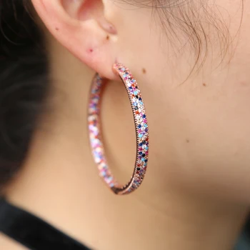 

2018 latest rose gold color hoop earring New Arrival Luxurious 50mm Hoop paved multi colorful cz stone fashion big hoop for lady