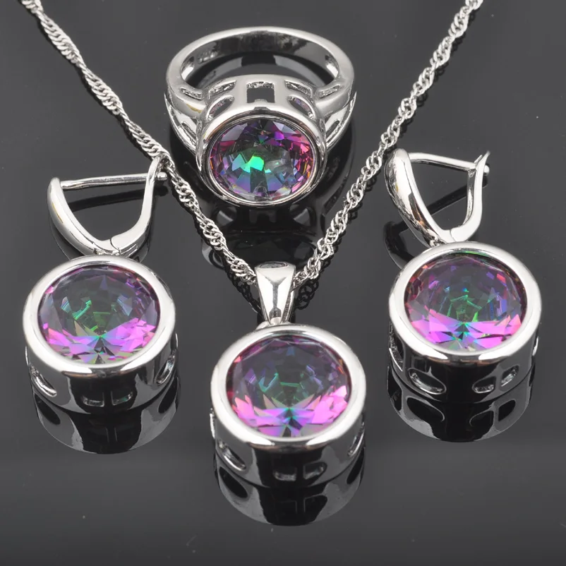 FAHOYO многоцветный Радужный циркон круглый 925 пробы серебро для женщин ювелирные наборы браслет ожерелье кулон серьги кольцо QS0374