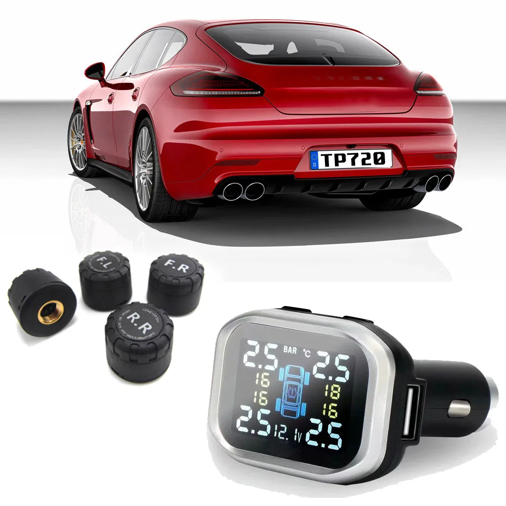 

Car TPMS Tire Pressure Monitoring System cigarette lighter Digital LCD Display Auto Security Alarm Systems Tyre Pressure TP720