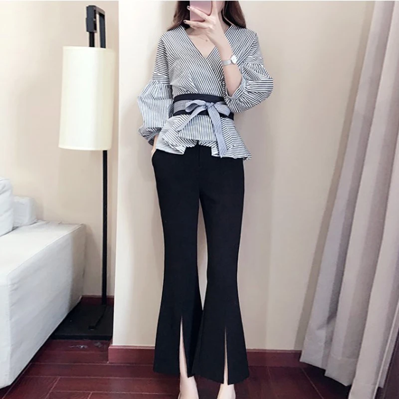 Cena OLGITUM 2019 kobiety 2 sztuka zestaw Sexy V Neck latarnia rękaw bluzka w paski koszula z muszką Top podział ołówek spodnie rozkloszowane garnitur WS131