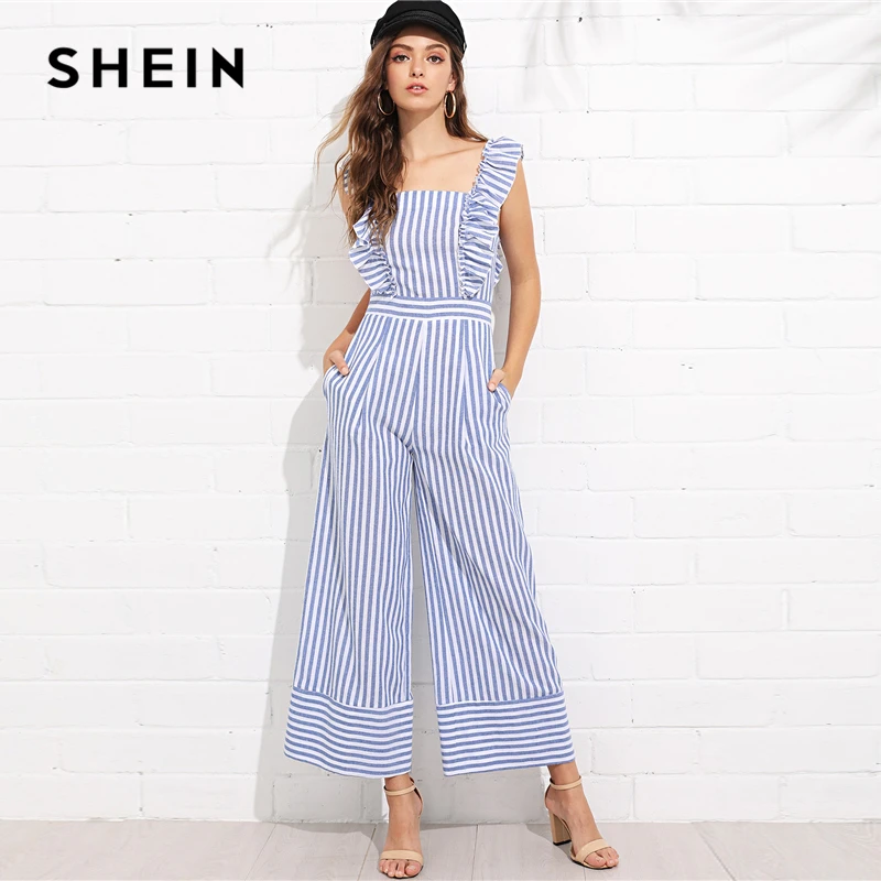 SHEIN Multicolor Vacation Bohemian Beach Backless Ruffle Trim Wide Leg Striped Straps Jumpsuit