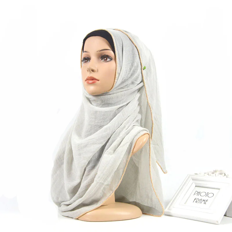 W3 сплошной хиджаб шарф золотые бусины мусульманские хлопковые шарфы с изображением цепи Простой палантин шаль Макси модная головная повязка длинные шарфы 180*80 см - Цвет: 6