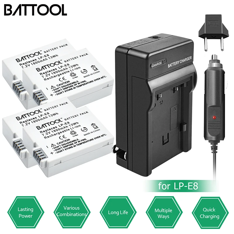 

Battool LP-E8 LP E8 1800mAh Batteries Batteria with Charger for Canon Rebel T2i T3i T4i T5i Kiss X4 X5 EOS 550D 600D 650D 700D