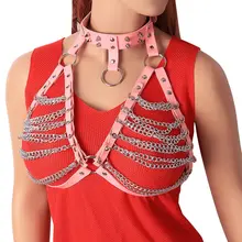 Розовый кожаный жгут панк готическое сексуальное нижнее белье без косточек бюстгальтер топы жгут Пояс боди грудной бандаж ремни металлическая цепочка заклепка