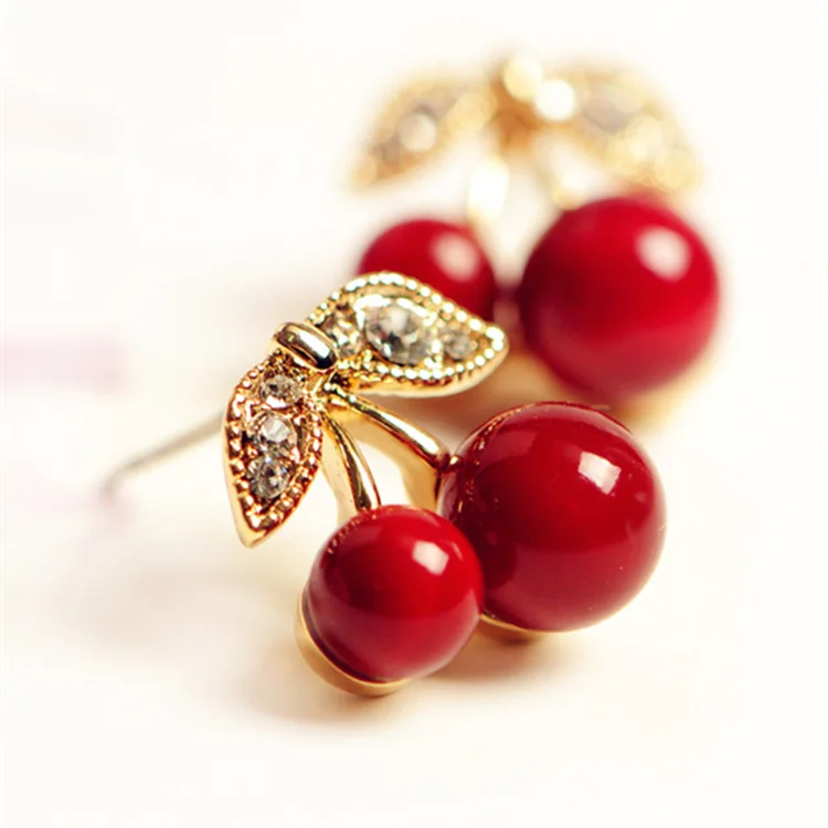 18K Gold Plated Sweety Fruit Green Leaf Red Cherry Charm Women Girls Dangle Earring