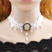 Женское винтажное свадебное Белое Кружевное колье ретро имитация жемчуга камея красота Готический стиль ожерелье-чокер ручной работы белый