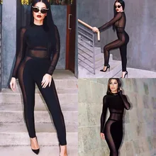 Сексуальное Женские Комбинезоны г. новое поступление черные сетчатые длинные облегающие повязки оптовые продажи HL комбинезон