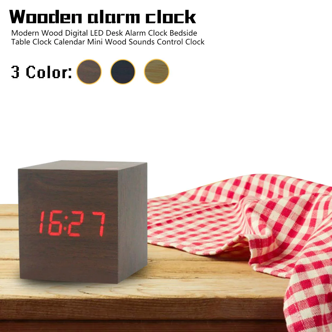 

New Modern Sounds Control Clock Wooden Wood Digital LED Desk Bedside Table Alarm Clock Thermometer Timer Calendar
