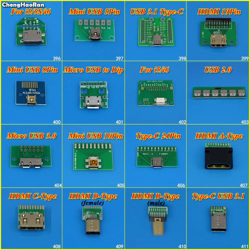 

ChengHaoRan Mini Micro USB to DIP Adapter PCB Test Board USB 2.0 3.0 3.1/Type-C/HDMI Female Connector Socket For iPhone 5 5S 6
