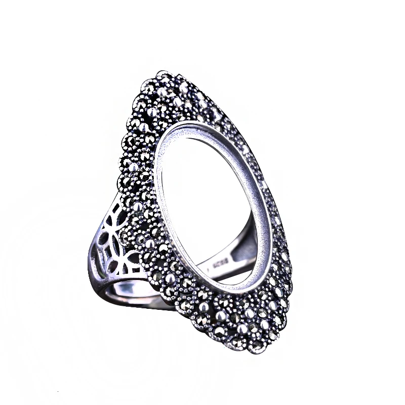 

925 Sterling Silver Women Engagement Wedding Ring Retro Art Deco 12x21mm Oval Cabochon Semi Mount Ring DIY Stone