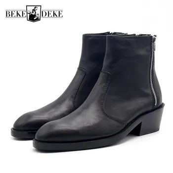 

European Mens Shoes Genuine Leather Autumn Winter High Heeled Boots Men Three Zipper Increase Pointed Booties Man Handmade 34-45