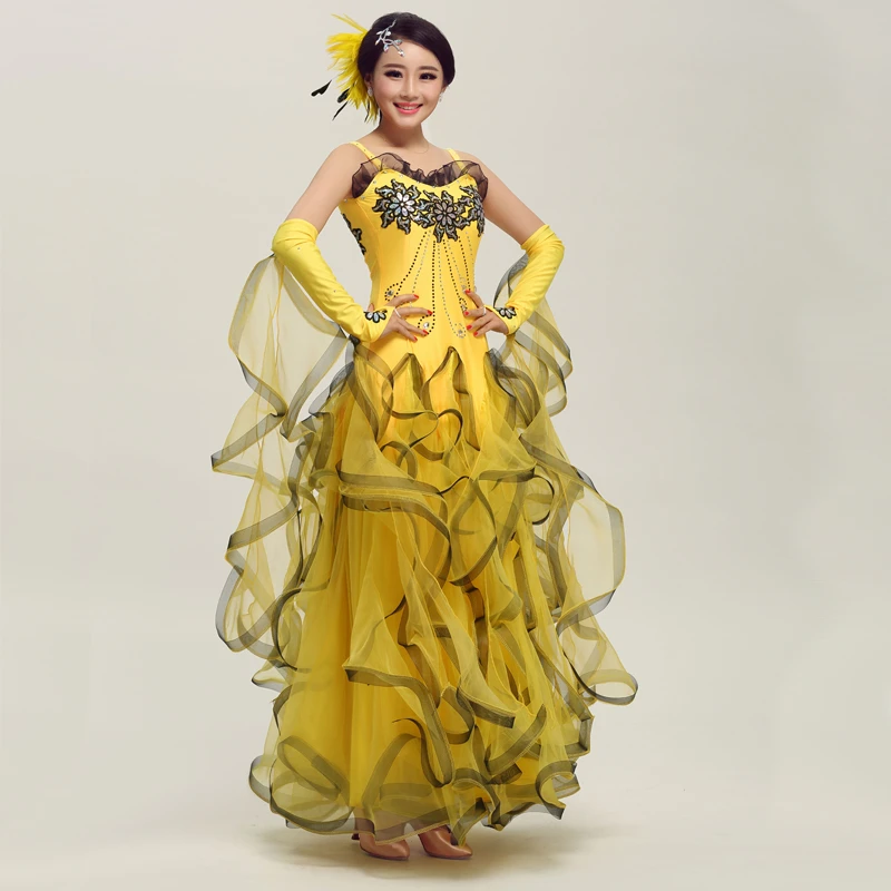 ZX Womens Ballroom Dance Dress Lace Sleeve Long Swing Skirt Professional Competition Modern Waltz Cha Cha Dress