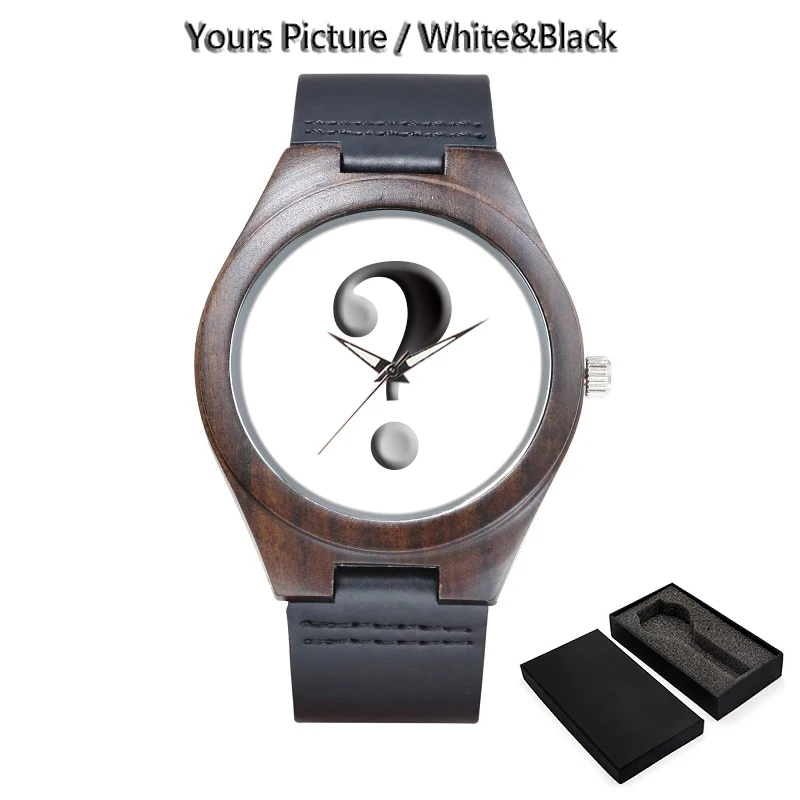 

Photo Printing Color Create Your Own Watch Natural Ebony Wooden Watch Custom Label LOGO Black Handmade Leather Watch